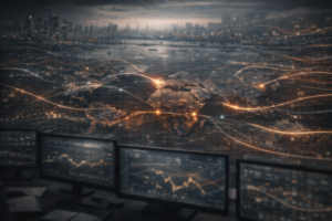 A realistic macro-finance scene showing macroeconomic data transforming into capital flows and currency movements, illustrating how traders convert data surprises and expectations into tradeable forex signals.