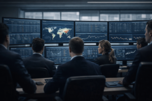Institutional macro trading environment illustrating macroeconomic analysis in forex using interest rates, inflation data, GDP, and global risk indicators