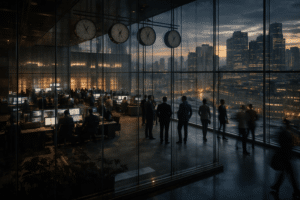Institutional trading floor at dusk with traders and global city reflections, illustrating how market expectations and FX positioning influence currency price movements.