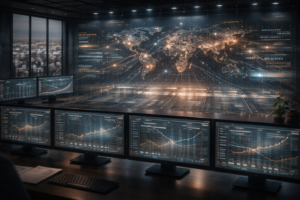 A realistic institutional macro-finance scene showing a real-time forex macro dashboard aggregating global economic data, policy paths, and relative currency strength for professional analysis.