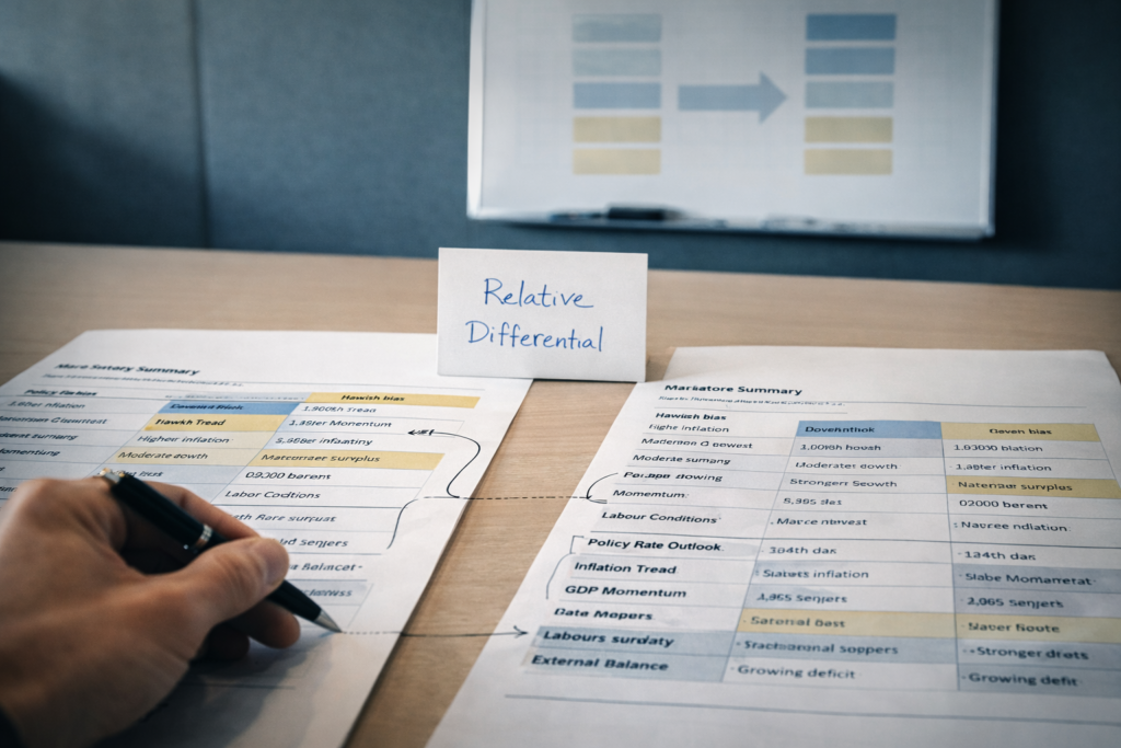 Professional relative currency analysis comparing two economies to select a forex pair based on fundamental differentials