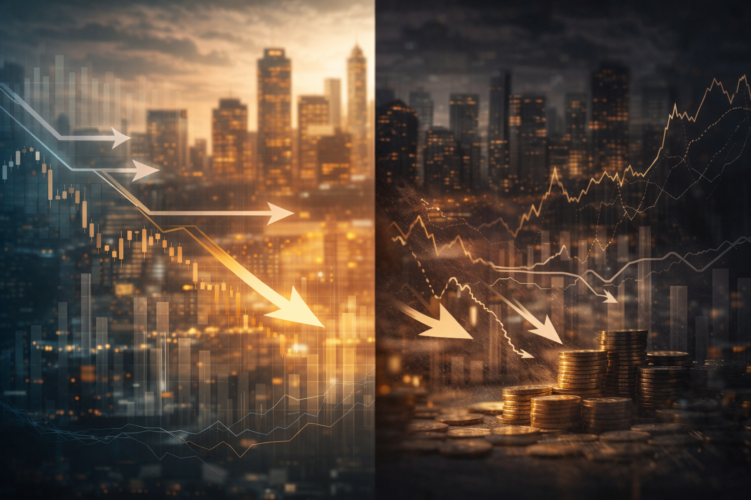 A realistic split-scene showing risk-on and risk-off dynamics in forex markets, with capital flowing toward growth in optimistic conditions and toward safety during periods of global uncertainty.