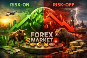 Visual representation of risk-on and risk-off sentiment in the forex market, showing how global capital flows shift between growth currencies and safe-haven currencies during changes in market risk appetite.