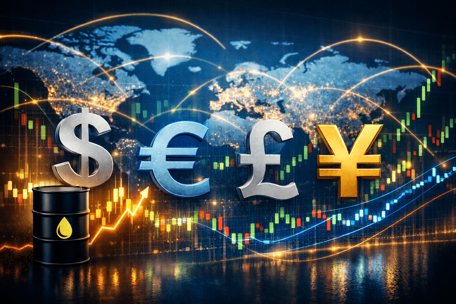 Global currency market outlook with forex charts, major currency symbols and Brent oil price influencing international capital flows