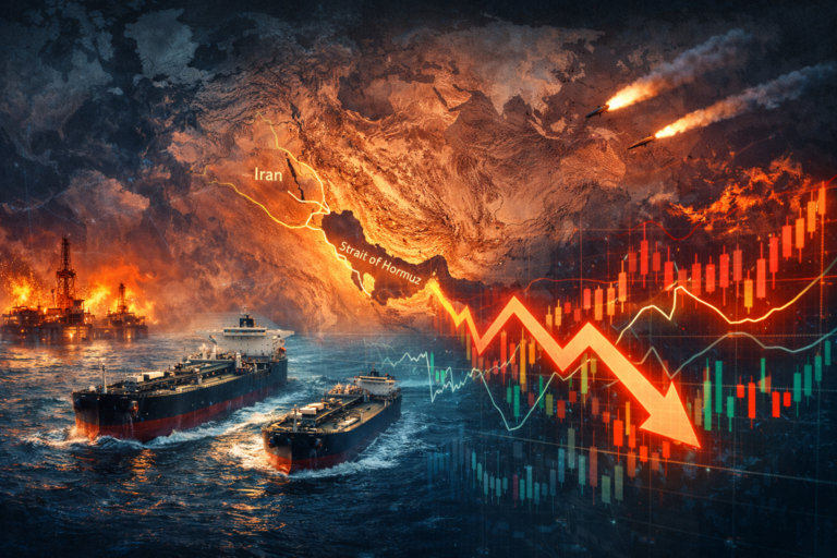 Map of the Middle East highlighting Iran and the Strait of Hormuz with oil tankers, offshore oil rigs and falling financial market charts representing the global economic impact of the Iran war