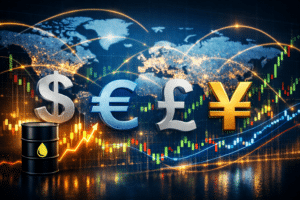 Global currency market outlook showing forex charts, currency symbols, Brent oil price movements, and international capital flows
