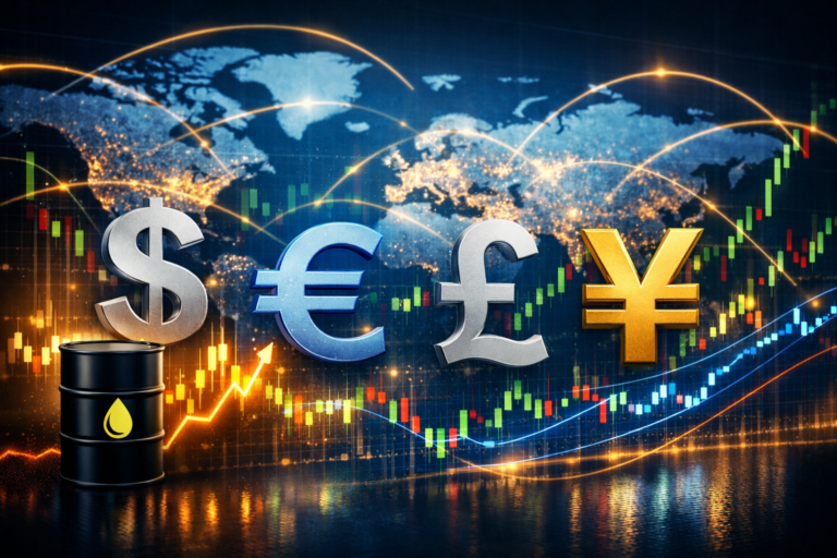 Global currency market outlook showing forex charts, currency symbols, Brent oil price movements, and international capital flows