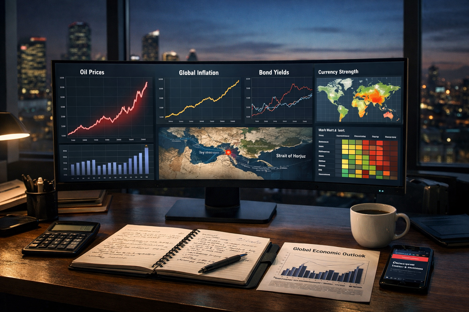 Financial analyst desk showing oil prices, inflation charts and global economic impact of Iran war