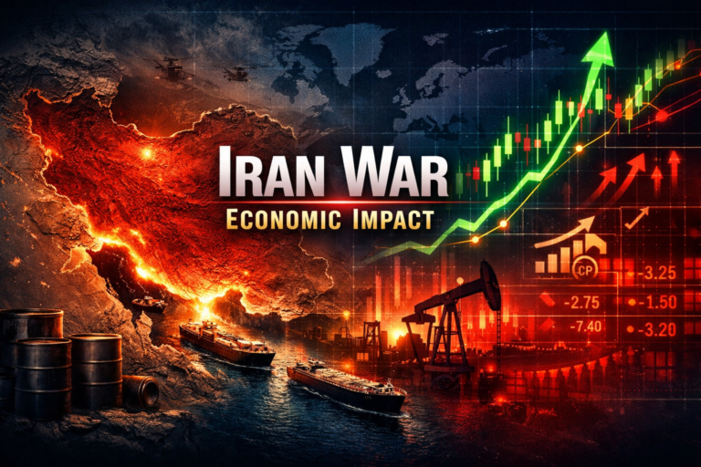 Iran war economic impact showing oil price surge, inflation rise and global market volatility from Middle East conflict