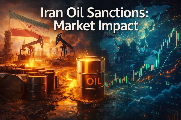 US Iran oil sanctions impact on global markets showing oil barrels, Iranian oil infrastructure and financial charts
